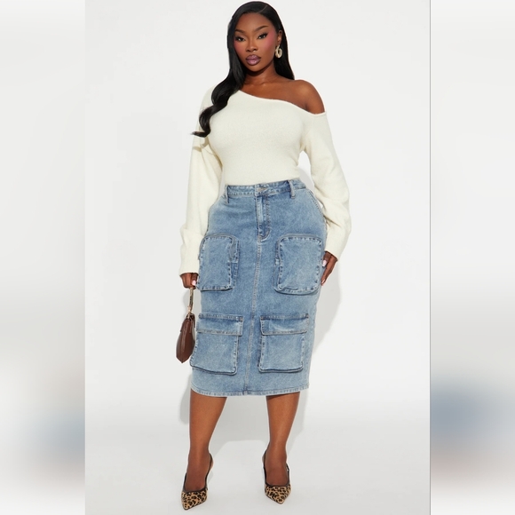 🔥New W/Tags! Cargo S T R E T C H fit Denim Midi Skirt In Medium Wash, Y2K, Sz L - Picture 3 of 8
